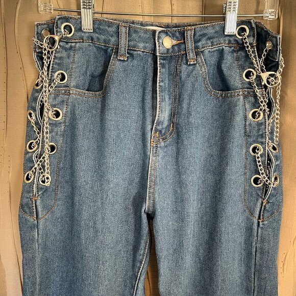 Denim Blvd Los Angeles Medium Wash Boyfriend Chain Side Jeans, Size Small - Picture 2 of 12